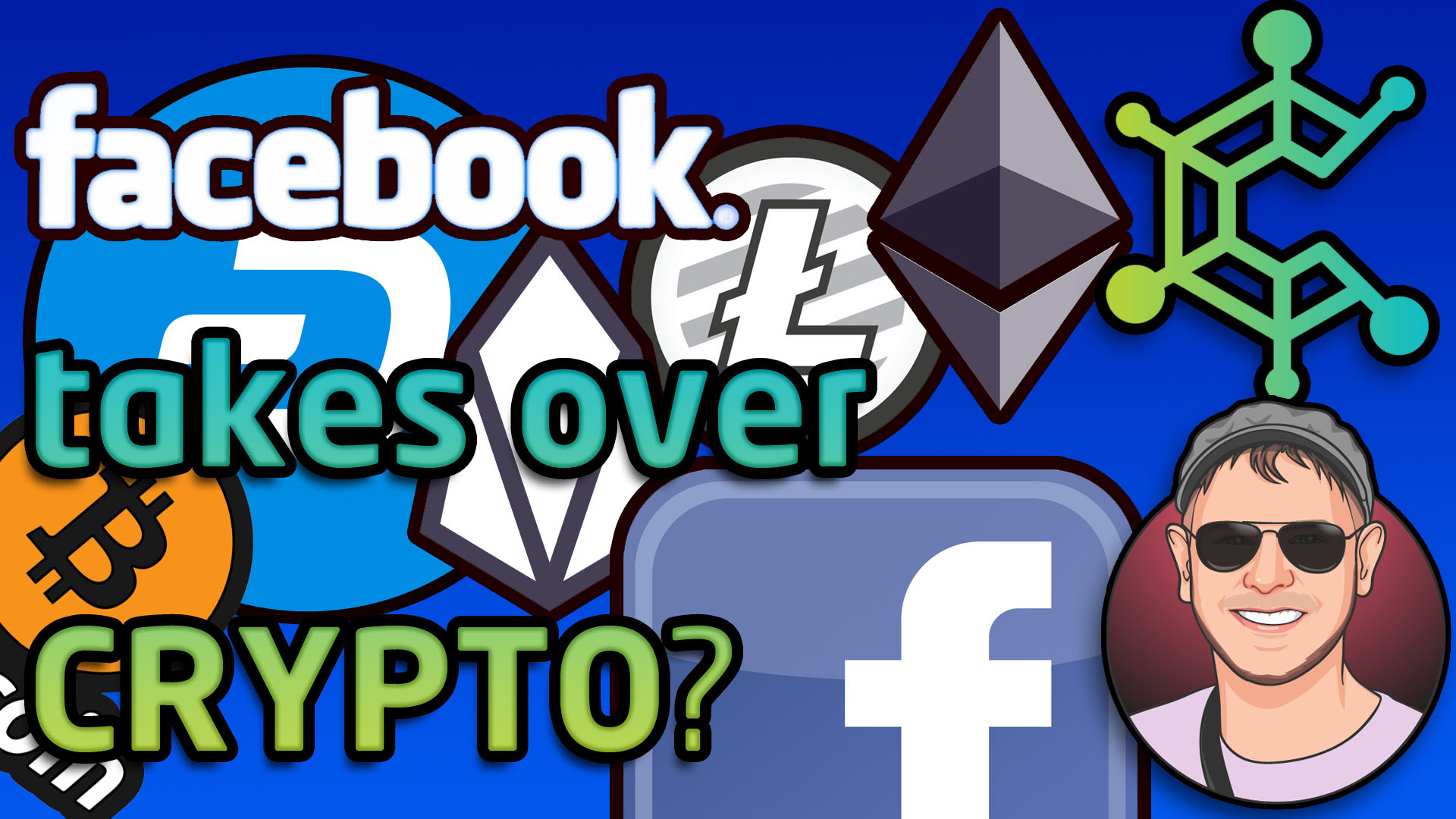 text: "facebook takes over crypto?" dash, btc, ltc, eos, eth, fb logos on blue background, cryptonomics logo, cartoon of kurt in corner